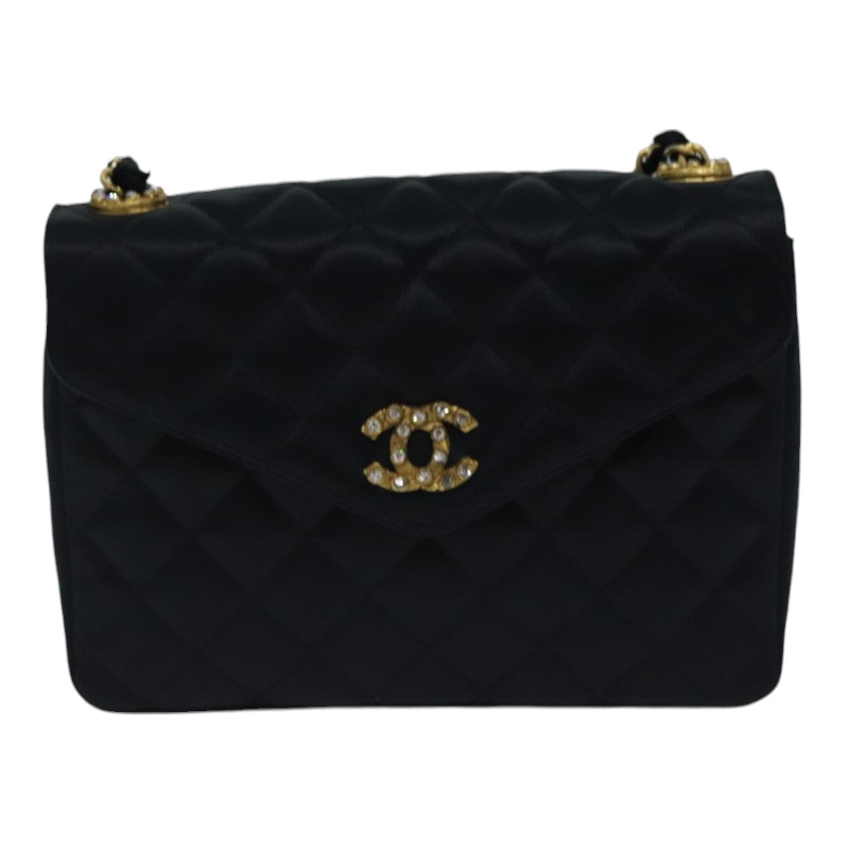 CHANEL Matelasse Stone Chain Shoulder Bag Satin Black CC Auth kk285A - 0