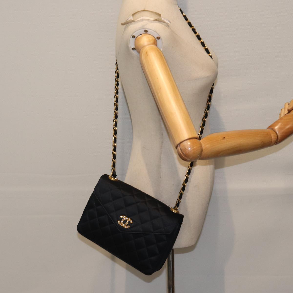 CHANEL Matelasse Stone Chain Shoulder Bag Satin Black CC Auth kk285A