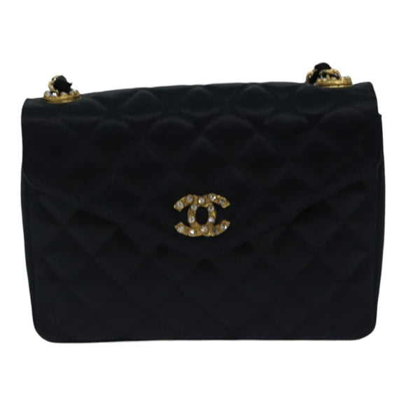 CHANEL Matelasse Stone Chain Shoulder Bag Satin Black CC Auth kk285V
