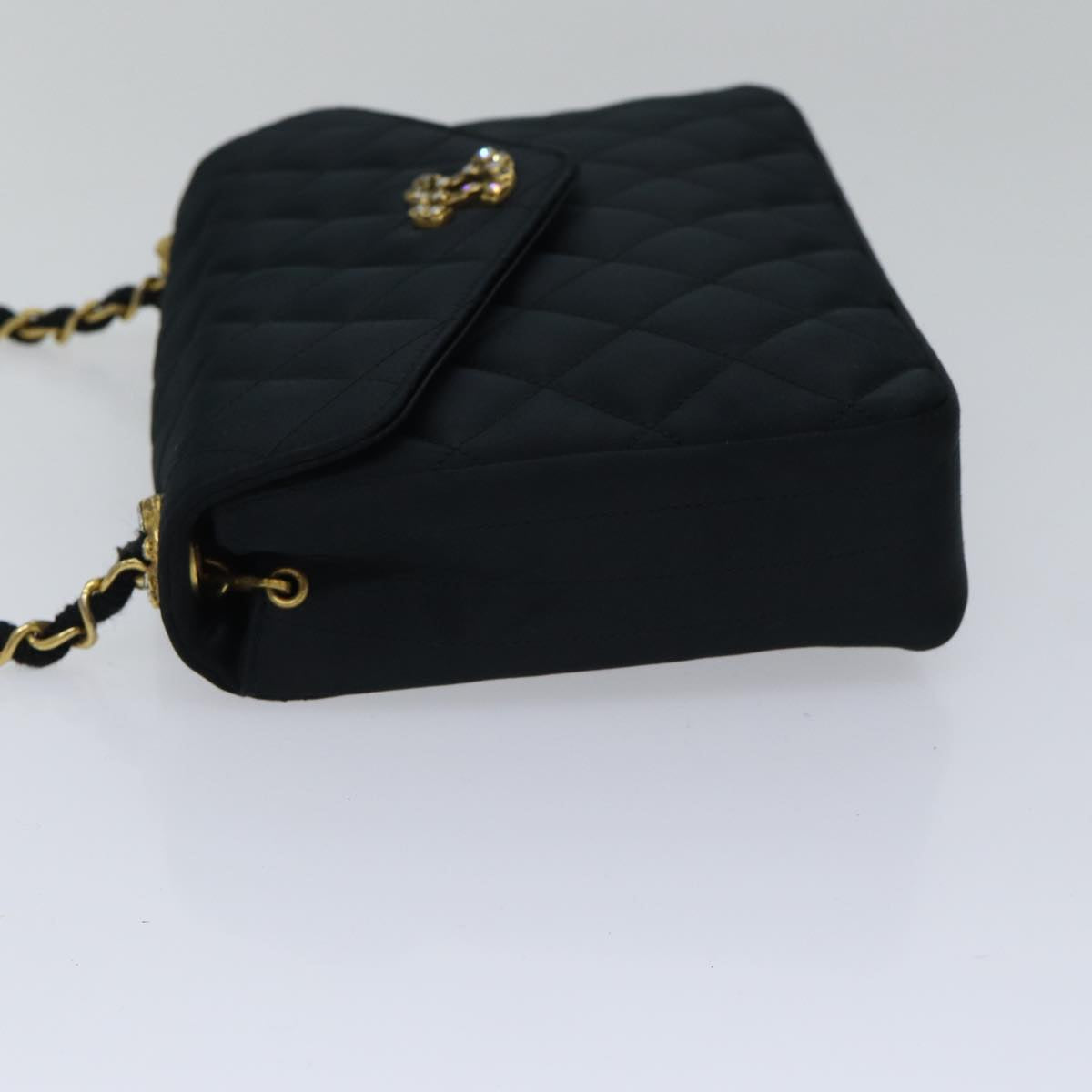 CHANEL Matelasse Stone Chain Shoulder Bag Satin Black CC Auth kk285A