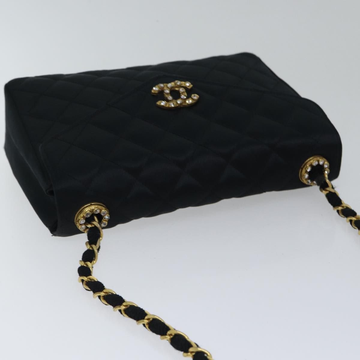 CHANEL Matelasse Stone Chain Shoulder Bag Satin Black CC Auth kk285A