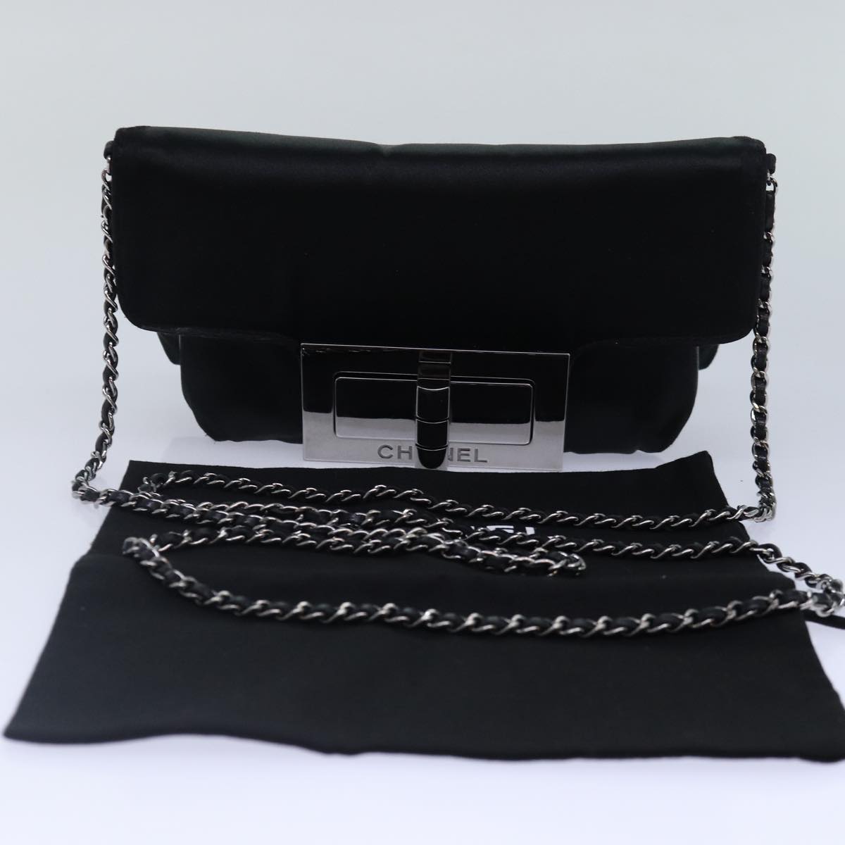 CHANEL Turn Lock Chain Shoulder Bag Satin Silver Black CC Auth kk287