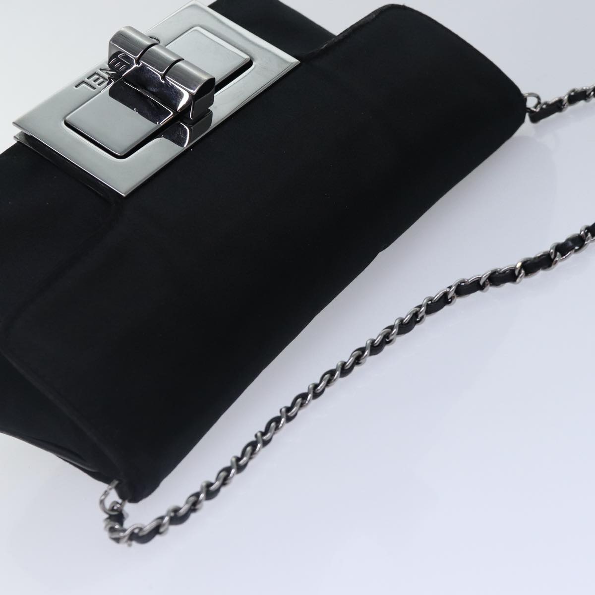 CHANEL Turn Lock Chain Shoulder Bag Satin Silver Black CC Auth kk287