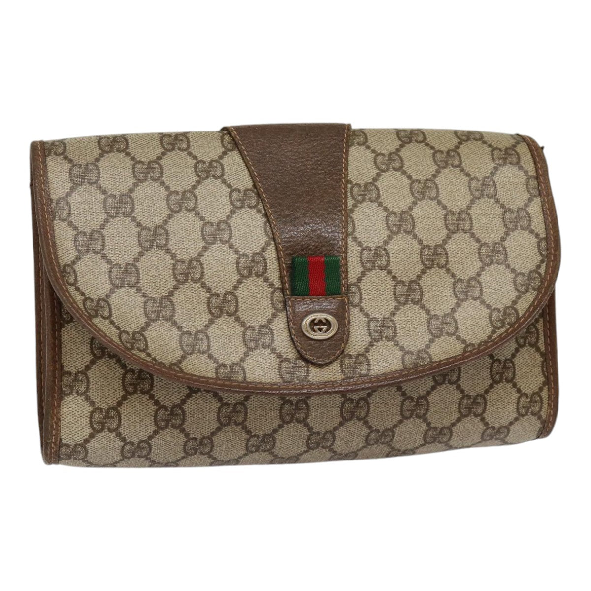 GUCCI GG Supreme Web Sherry Line Clutch Bag PVC Beige Gold 156 01 030 Auth kk288