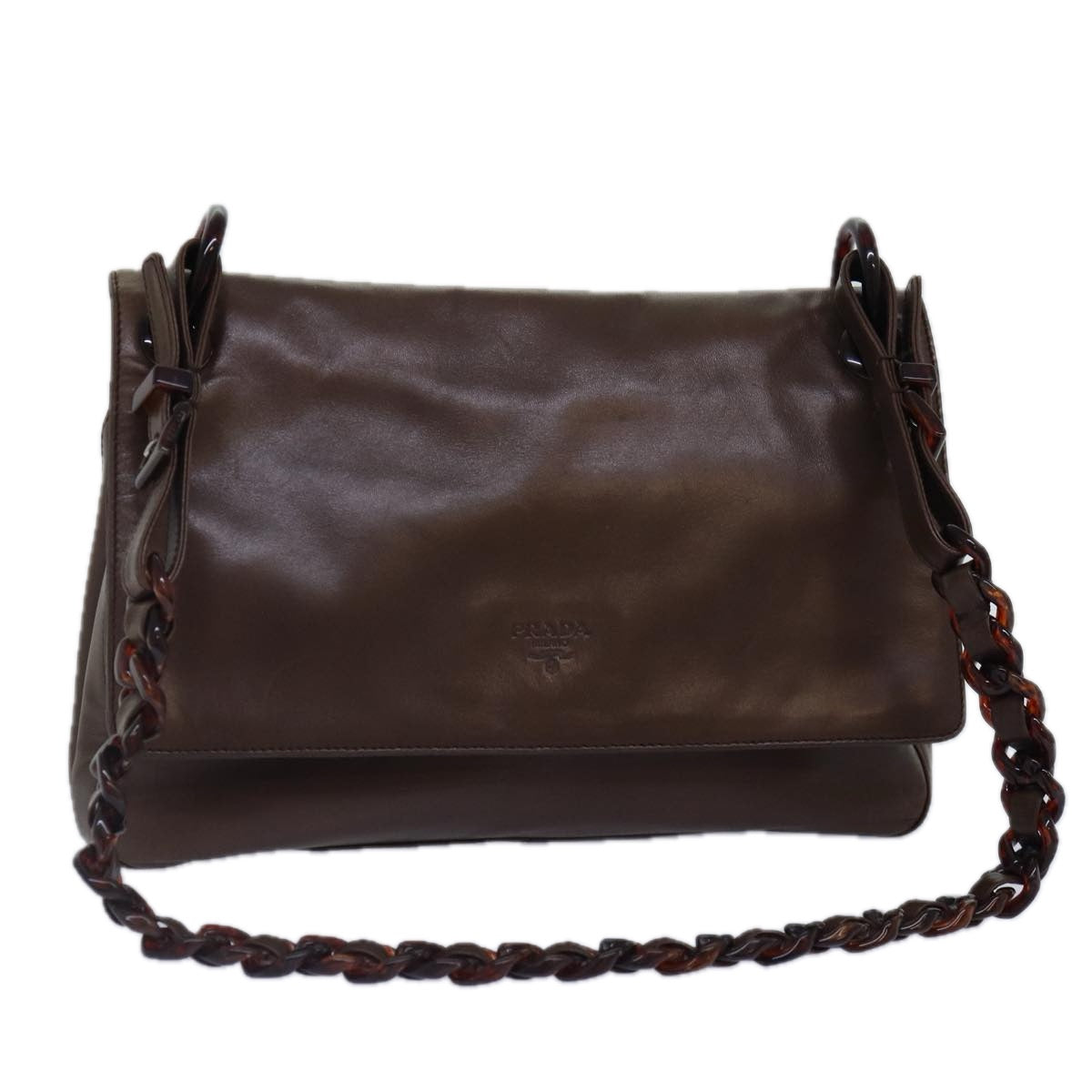 PRADA Chain Shoulder Bag Leather Brown Silver Auth kk295