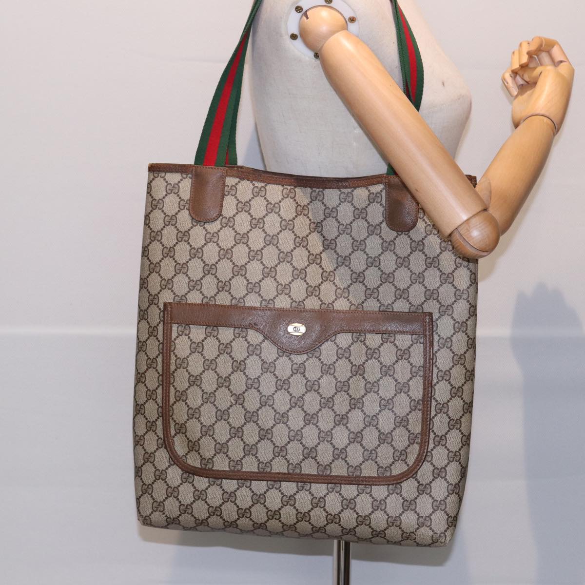 GUCCI GG Canvas Web Sherry Line Tote Bag PVC Leather Beige Green Red Auth kk304