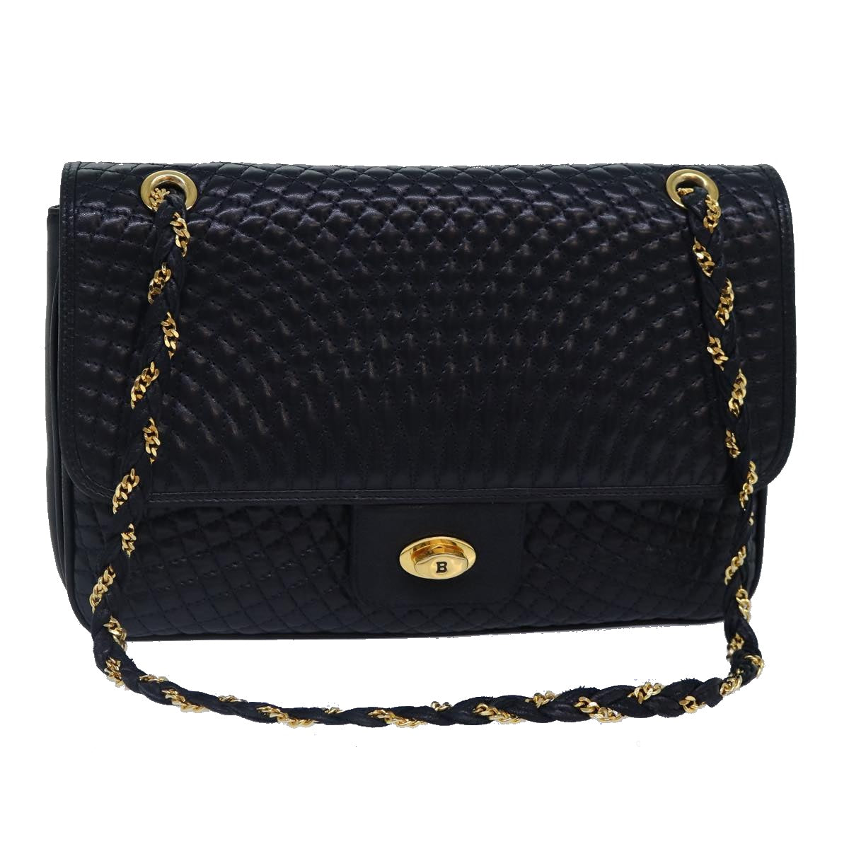 BALLY Quilted Chain Shoulder Bag Leather Navy Gold Auth kk305