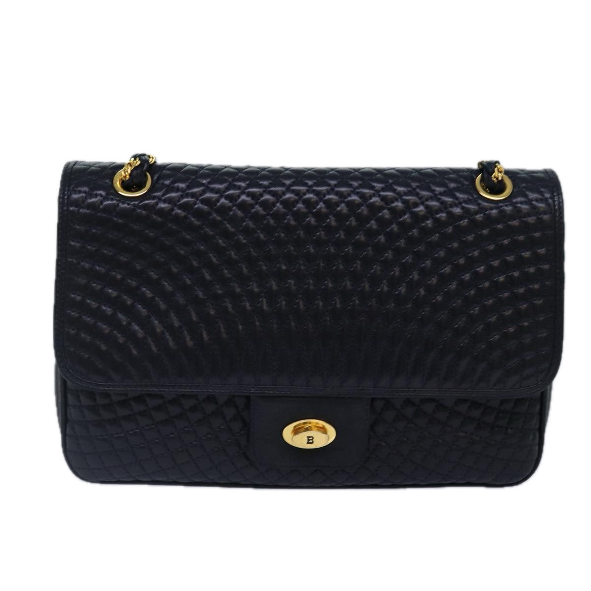 BALLY Quilted Chain Shoulder Bag Leather Navy Gold Auth kk305 - 0