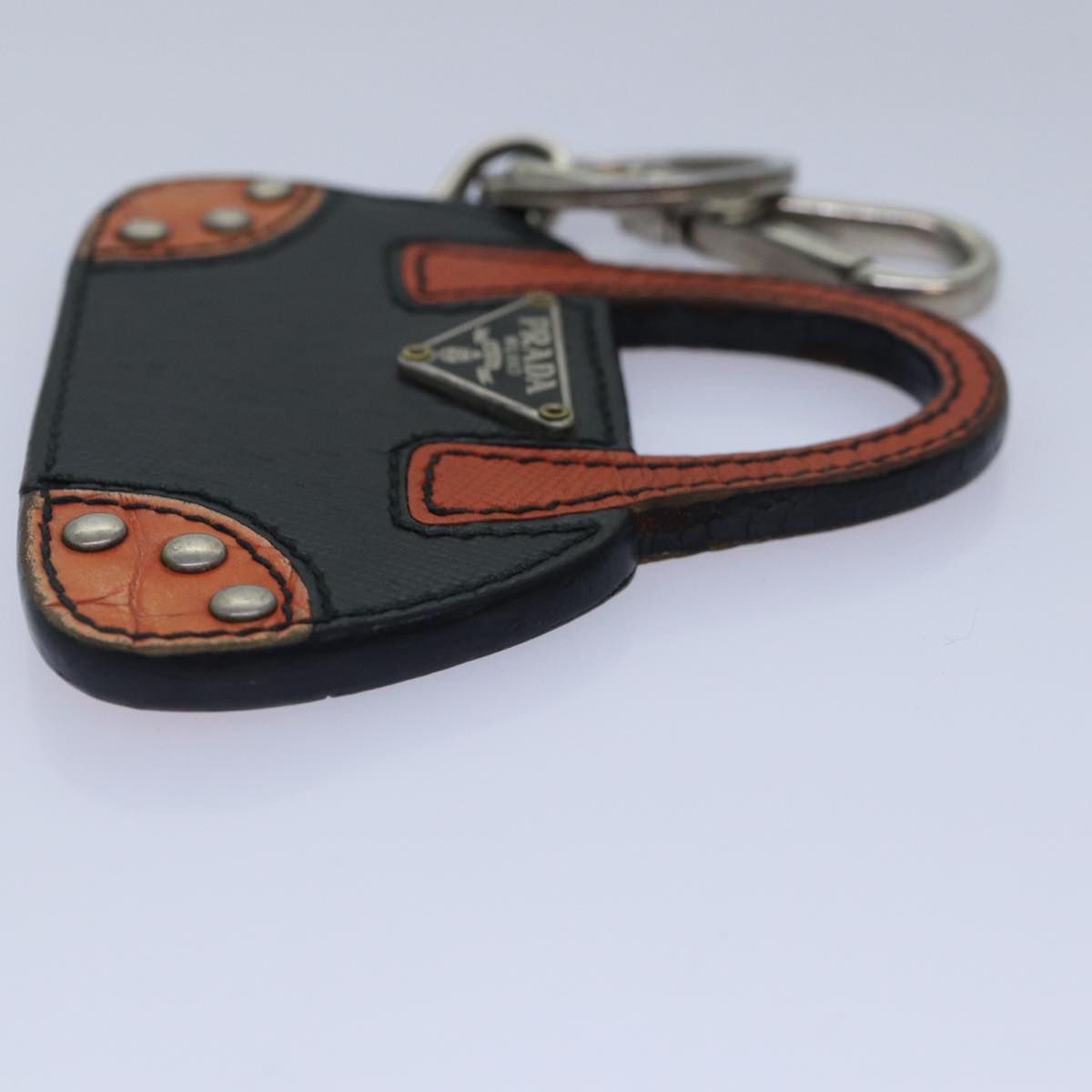 PRADA Key Holder Saffiano Leather Metal Black Orange Silver Auth kk310