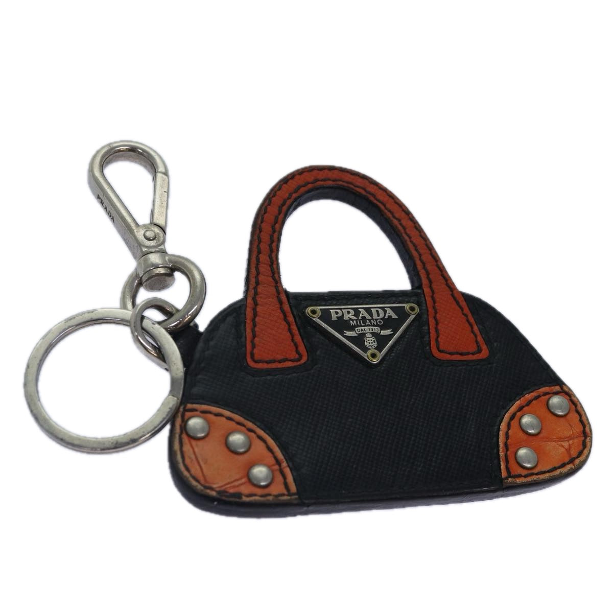 PRADA Key Holder Saffiano Leather Metal Black Orange Silver Auth kk310