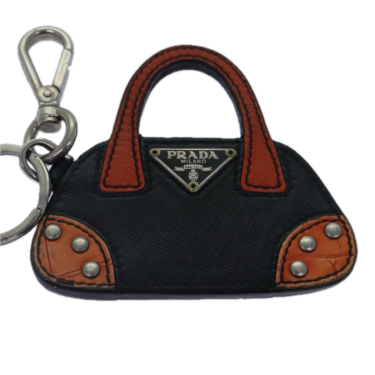 PRADA Key Holder Saffiano Leather Metal Black Orange Silver Auth kk310