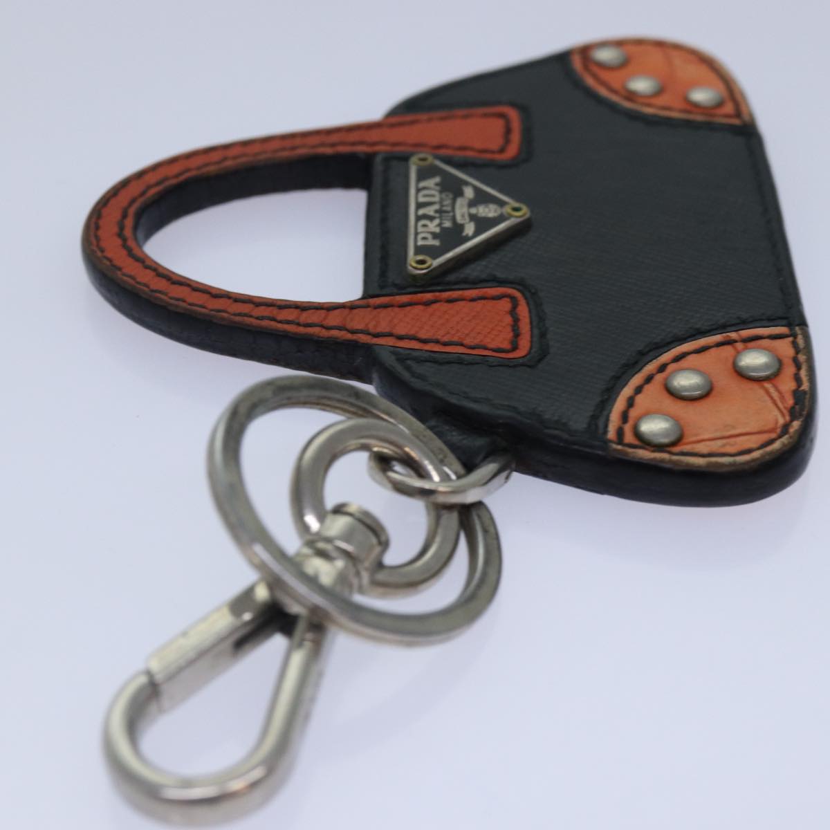 PRADA Key Holder Saffiano Leather Metal Black Orange Silver Auth kk310