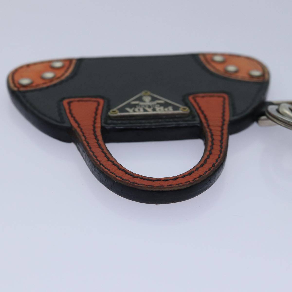 PRADA Key Holder Saffiano Leather Metal Black Orange Silver Auth kk310