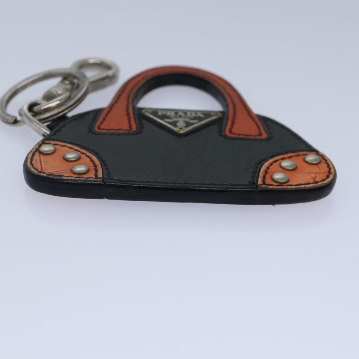 PRADA Key Holder Saffiano Leather Metal Black Orange Silver Auth kk310