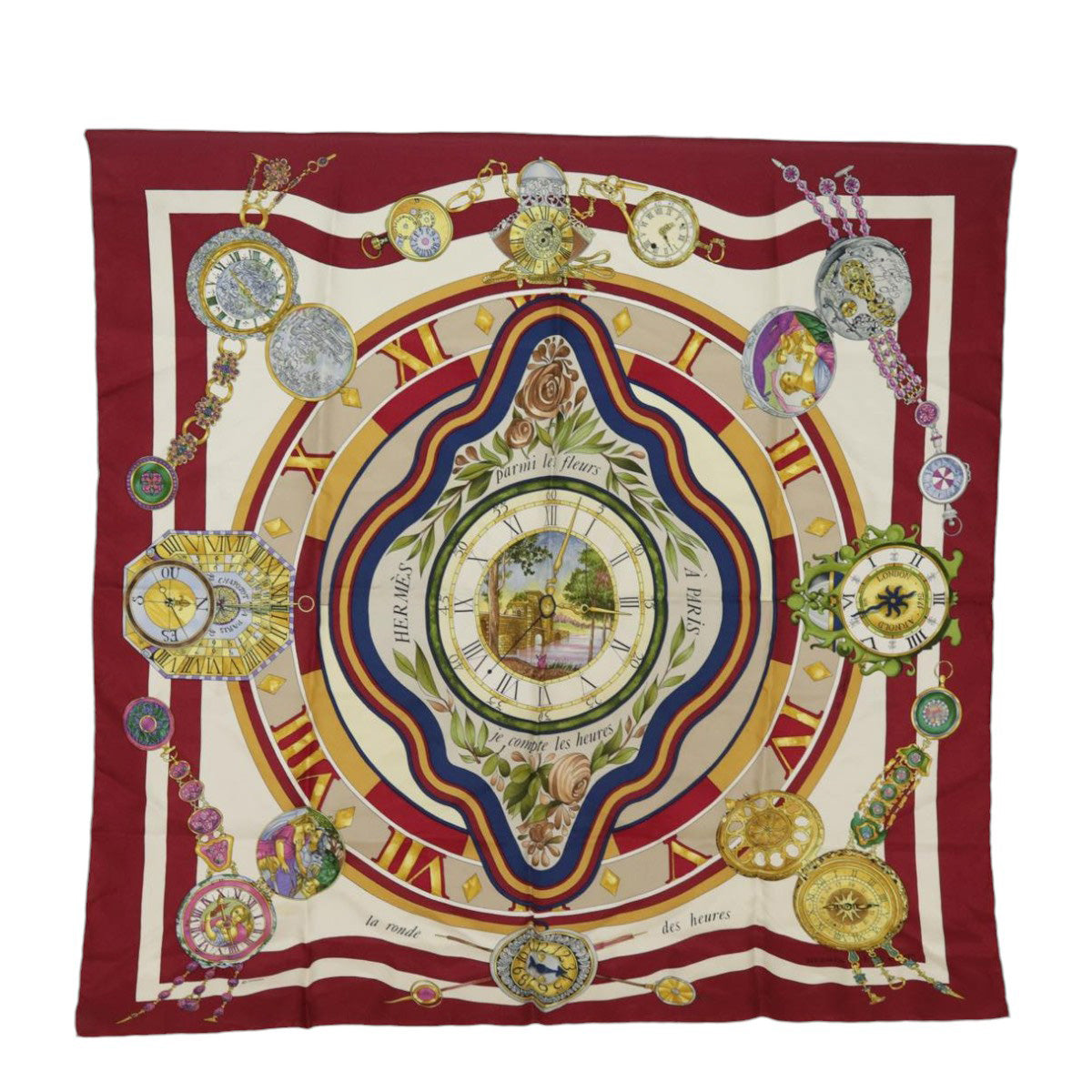 HERMES Carre 90 Scarf parmi les fleurs je compt Silk Bordeaux Auth kk329