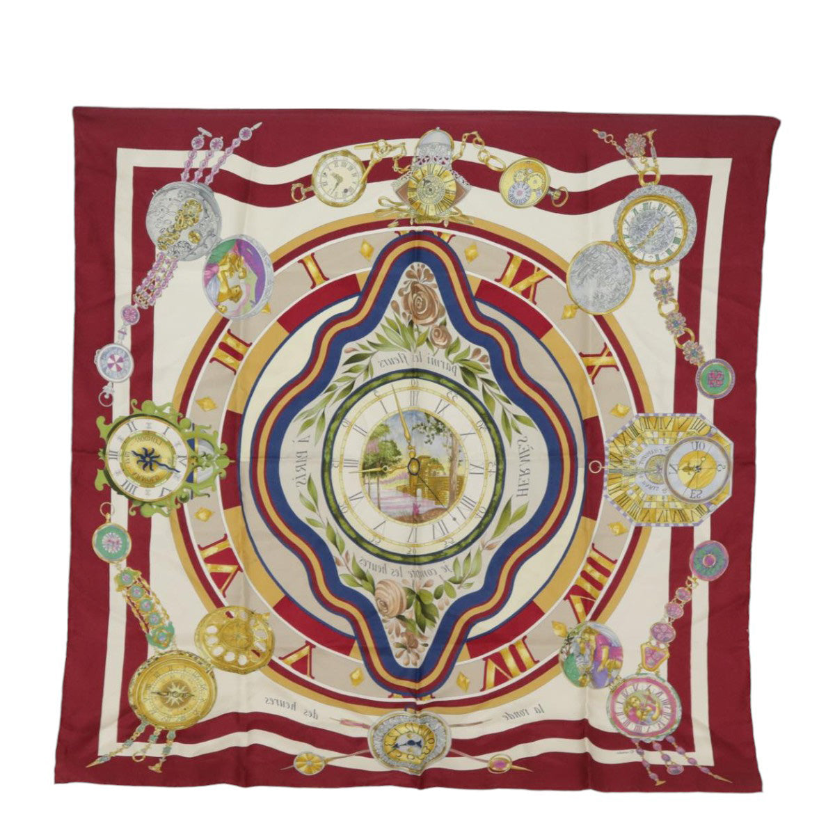 HERMES Carre 90 Scarf parmi les fleurs je compt Silk Bordeaux Auth kk329