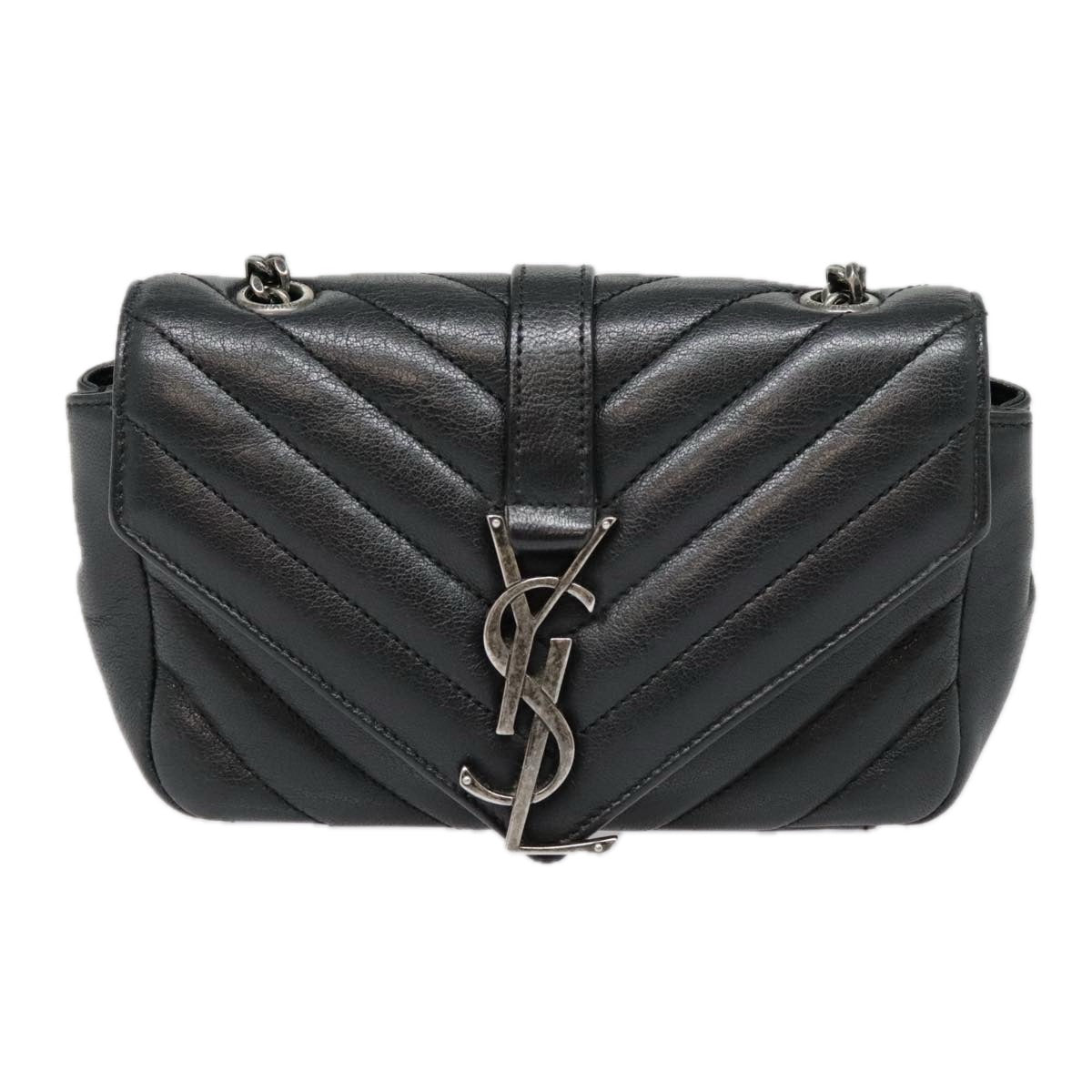 SAINT LAURENT Baby Chai Chain Shoulder Bag Leather Black Auth kk333A - 0