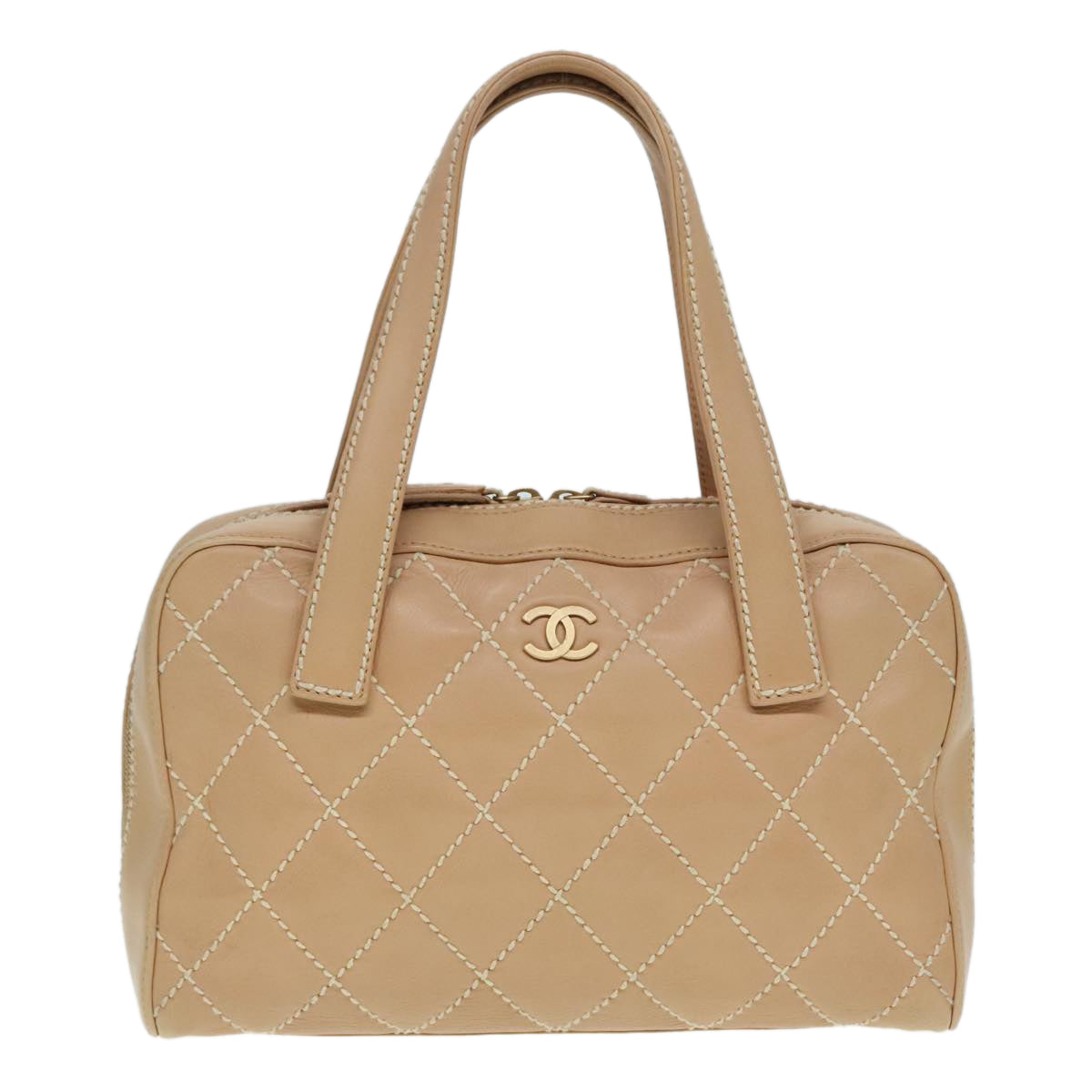 CHANEL Matelasse Wild Stitch Hand Bag Leather Beige Gold CC Auth kk334 - 0