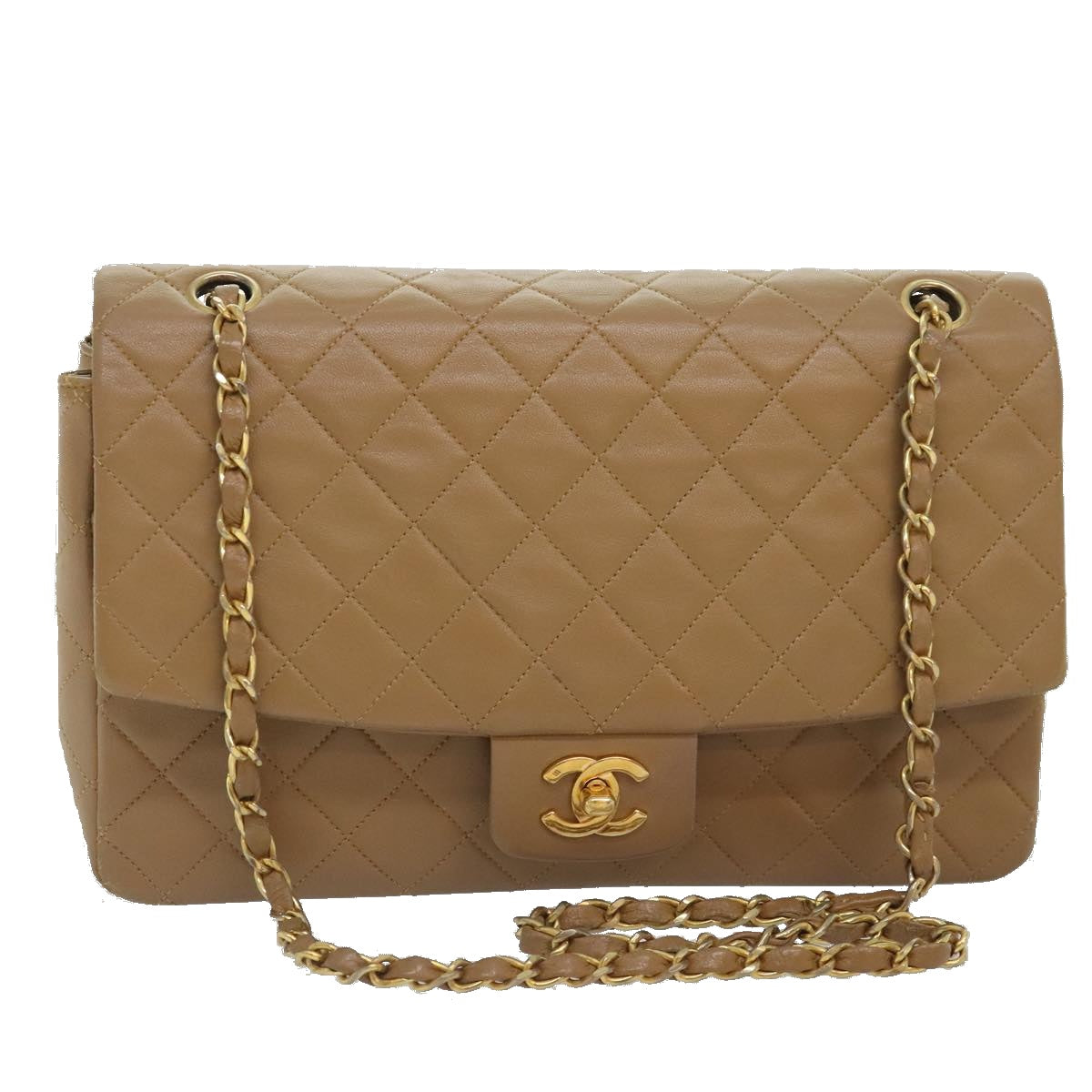 CHANEL Matelasse Turn Lock Chain Shoulder Bag Lamb Skin Brown Gold CC Auth kk335