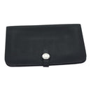 HERMES Dogon GM Long Wallet Leather Black Silver Auth kk338-1