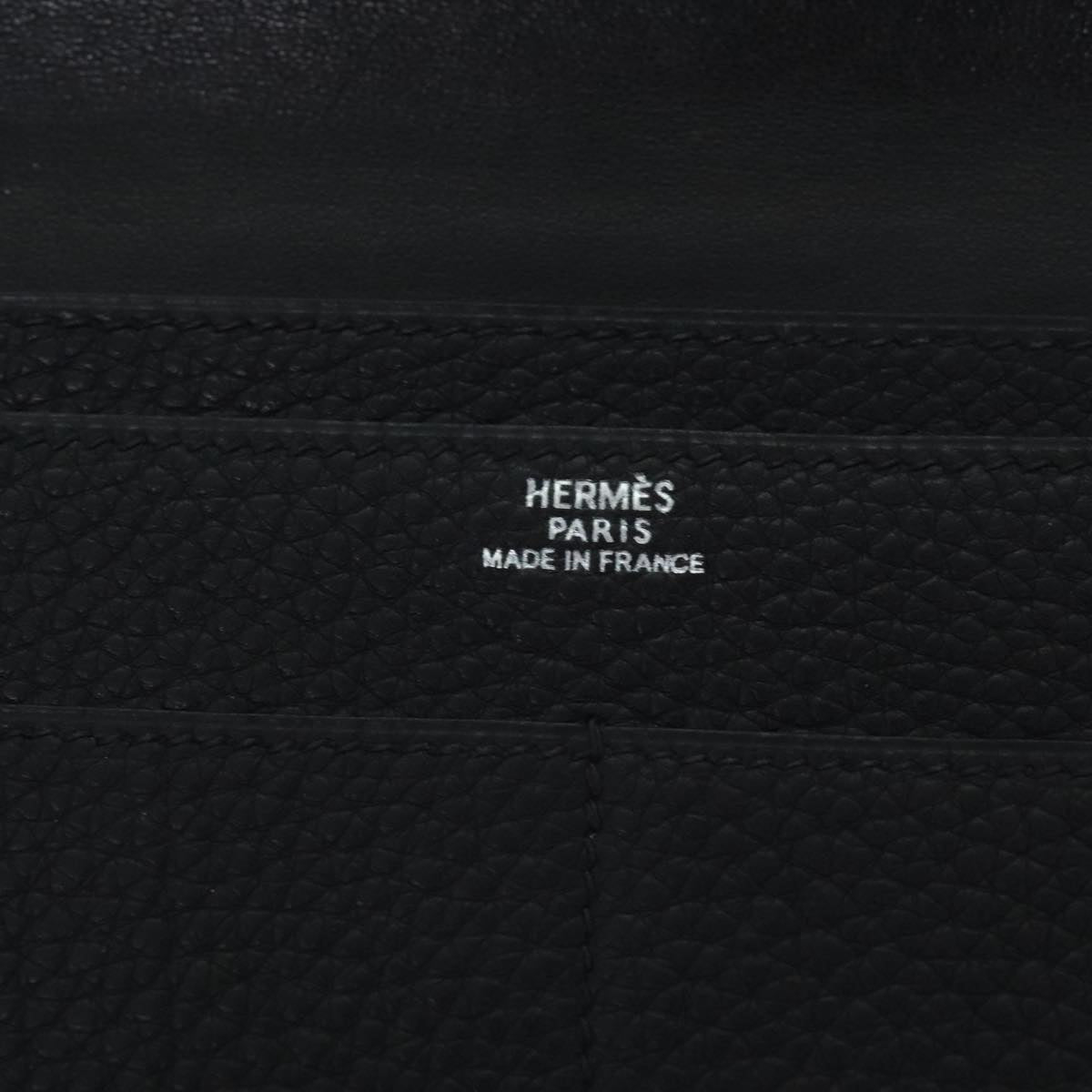 HERMES Dogon GM Long Wallet Leather Black Silver Auth kk338