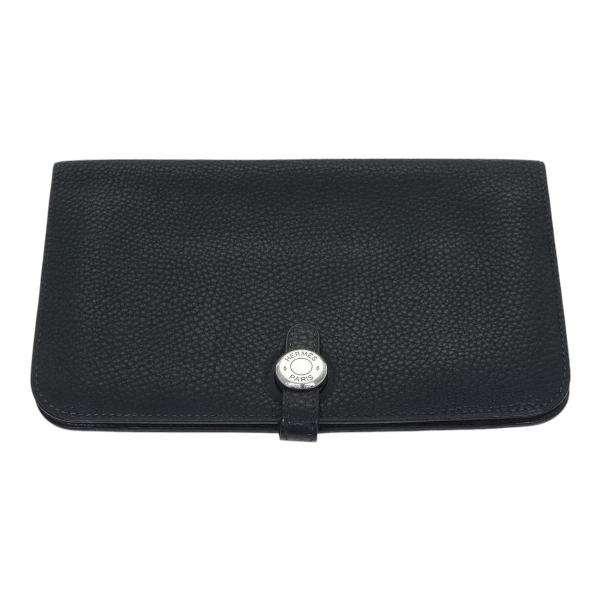 HERMES Dogon GM Long Wallet Leather Black Silver Auth kk338 - 0