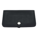 HERMES Dogon GM Long Wallet Leather Black Silver Auth kk338-2