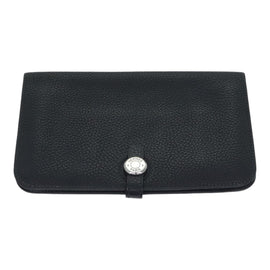 HERMES Dogon GM Long Wallet Leather Black Silver Auth kk338 - 0