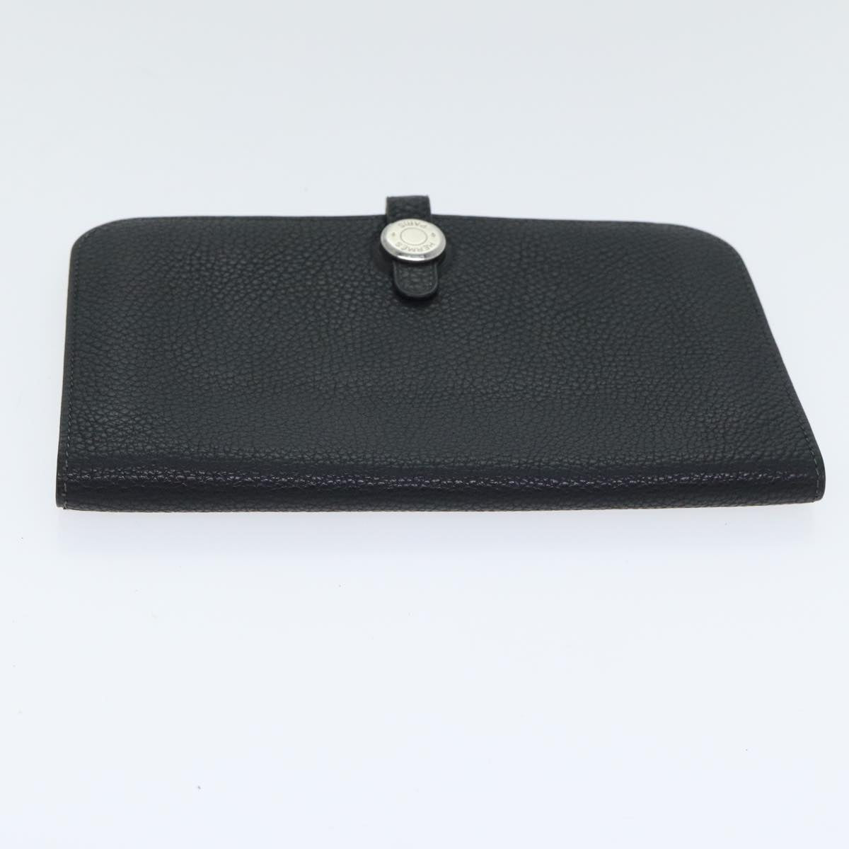 HERMES Dogon GM Long Wallet Leather Black Silver Auth kk338