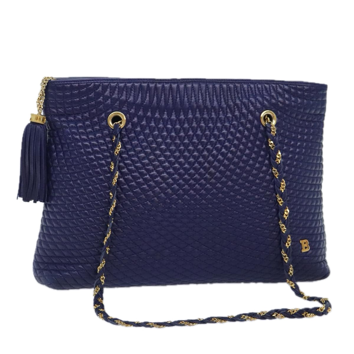 BALLY Quilted Chain Shoulder Bag Leather Blue Gold Auth kk339