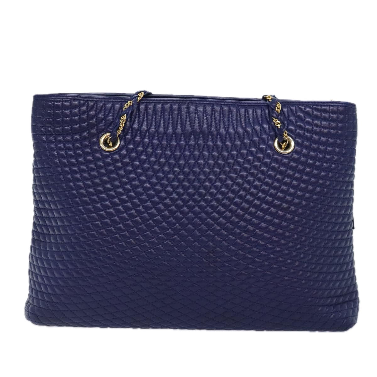 BALLY Quilted Chain Shoulder Bag Leather Blue Gold Auth kk339 - 0