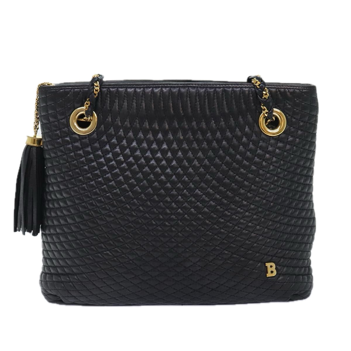 BALLY Quilted Chain Shoulder Bag Leather Black Gold Auth kk340