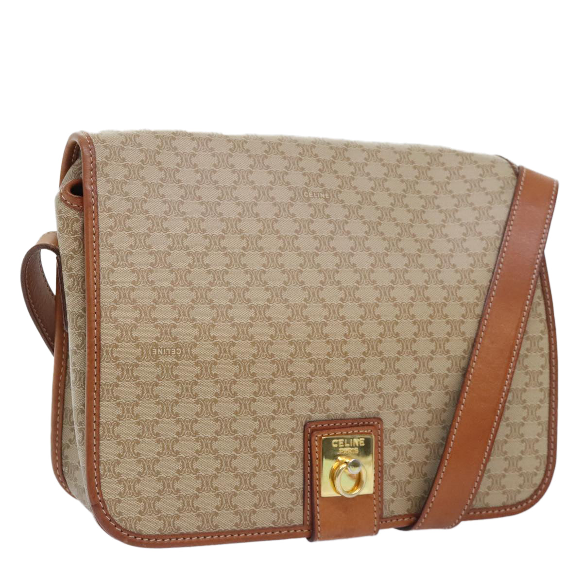 CELINE Macadam Canvas Shoulder Bag Beige Brown Gold Auth kk341