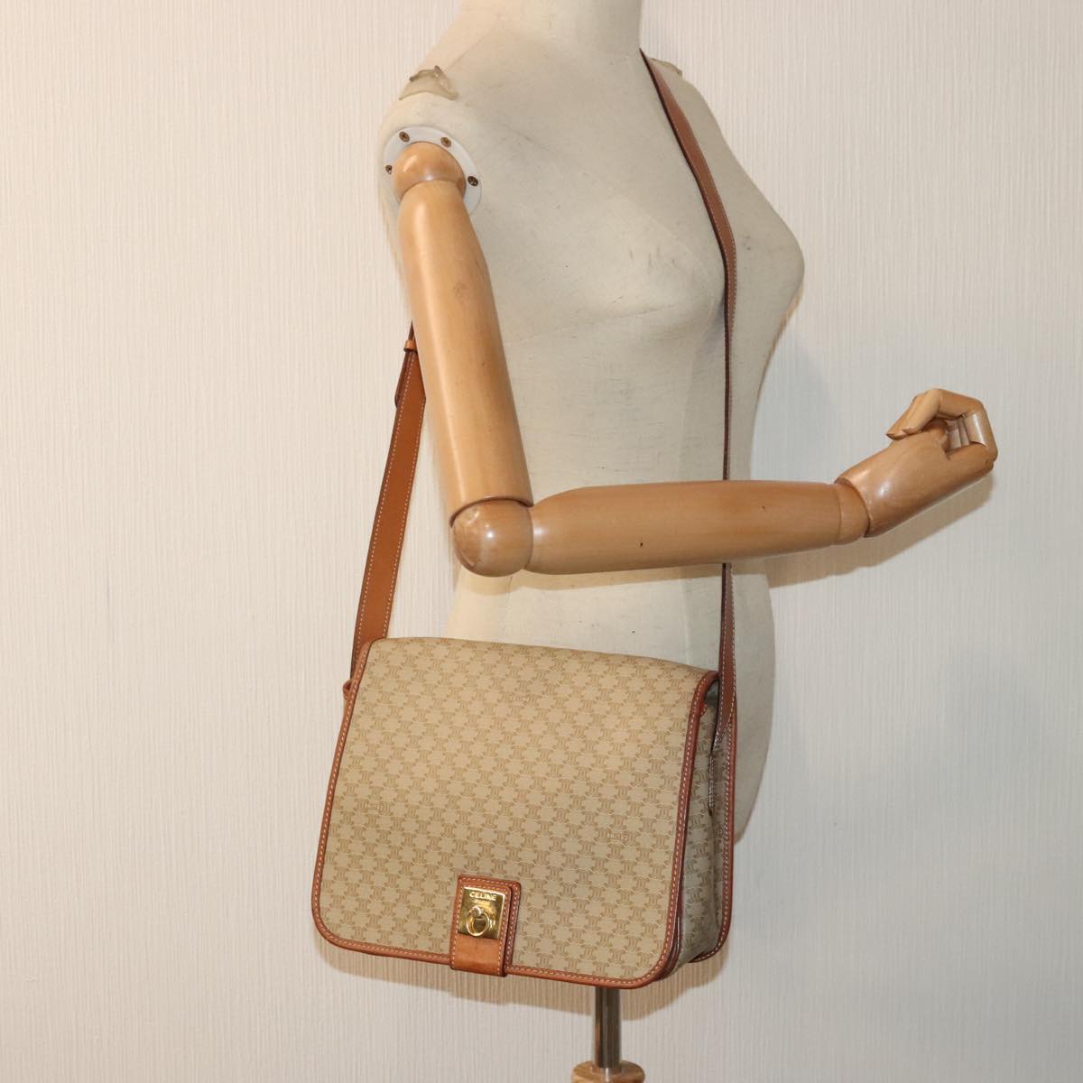 CELINE Macadam Canvas Shoulder Bag Beige Brown Gold Auth kk341