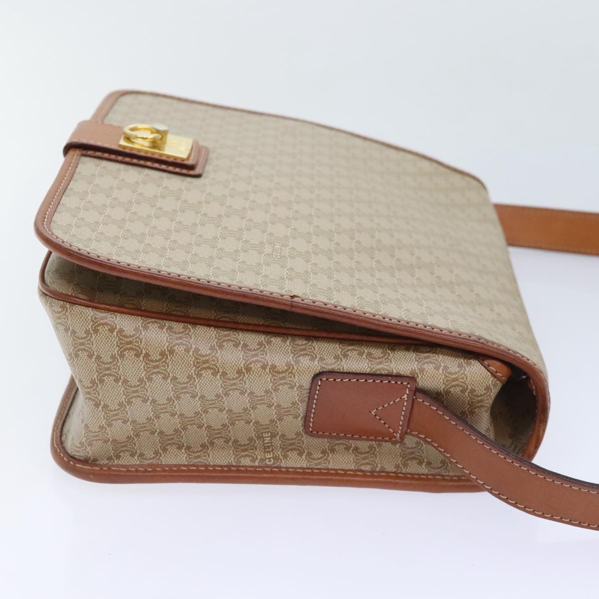 CELINE Macadam Canvas Shoulder Bag Beige Brown Gold Auth kk341