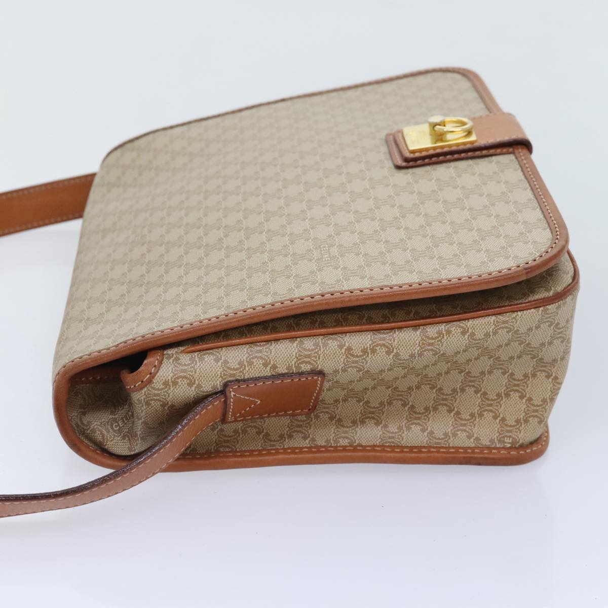 CELINE Macadam Canvas Shoulder Bag Beige Brown Gold Auth kk341