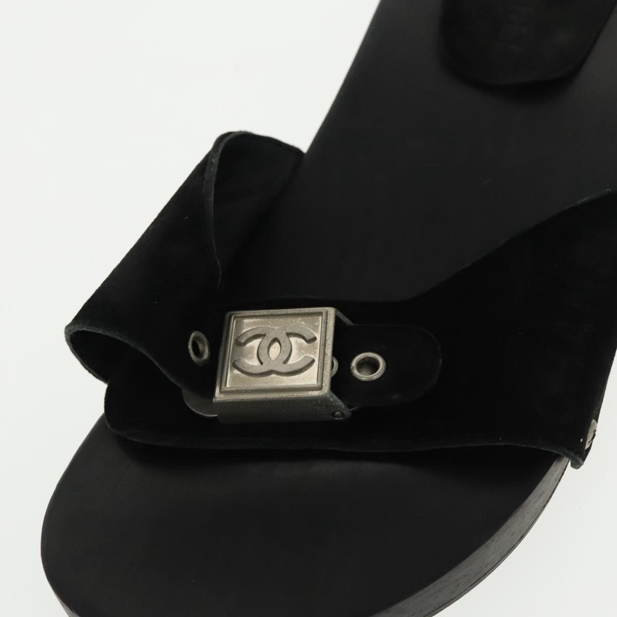 CHANEL Size 37 Sandals Suede Black Silver CC Auth kk353