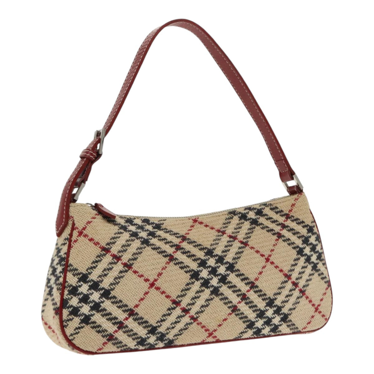 BURBERRY Nova Check Blue Label Hand Bag Canvas Beige Red Silver Auth kk355