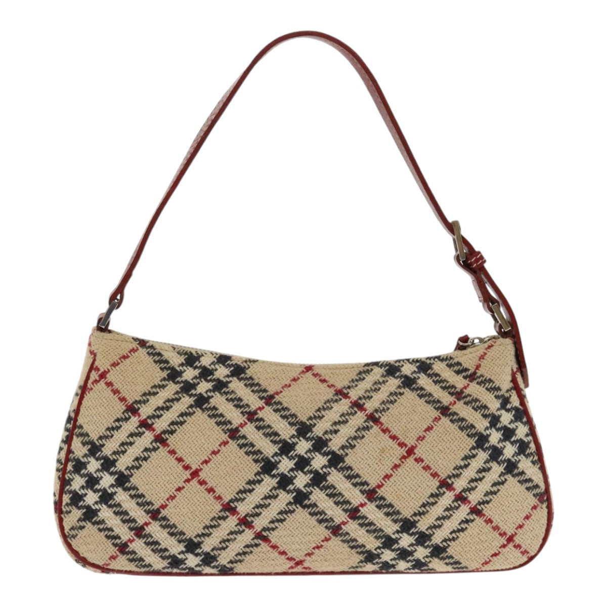 BURBERRY Nova Check Blue Label Hand Bag Canvas Beige Red Silver Auth kk355