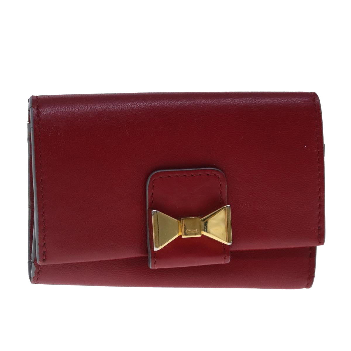 Chloe Key Case Wallet Leather Red Gold Auth kk359