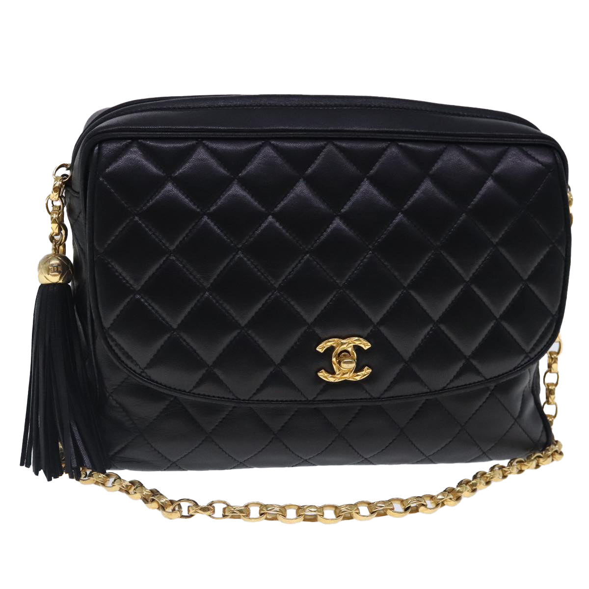 CHANEL Matelasse Chain Shoulder Bag Lamb Skin Black Gold CC Auth kk365A