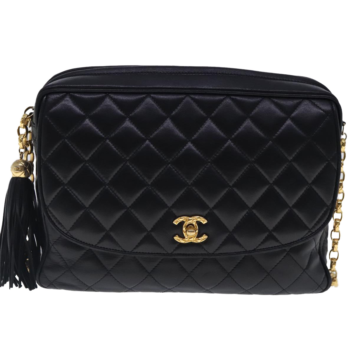 CHANEL Matelasse Chain Shoulder Bag Lamb Skin Black Gold CC Auth kk365A