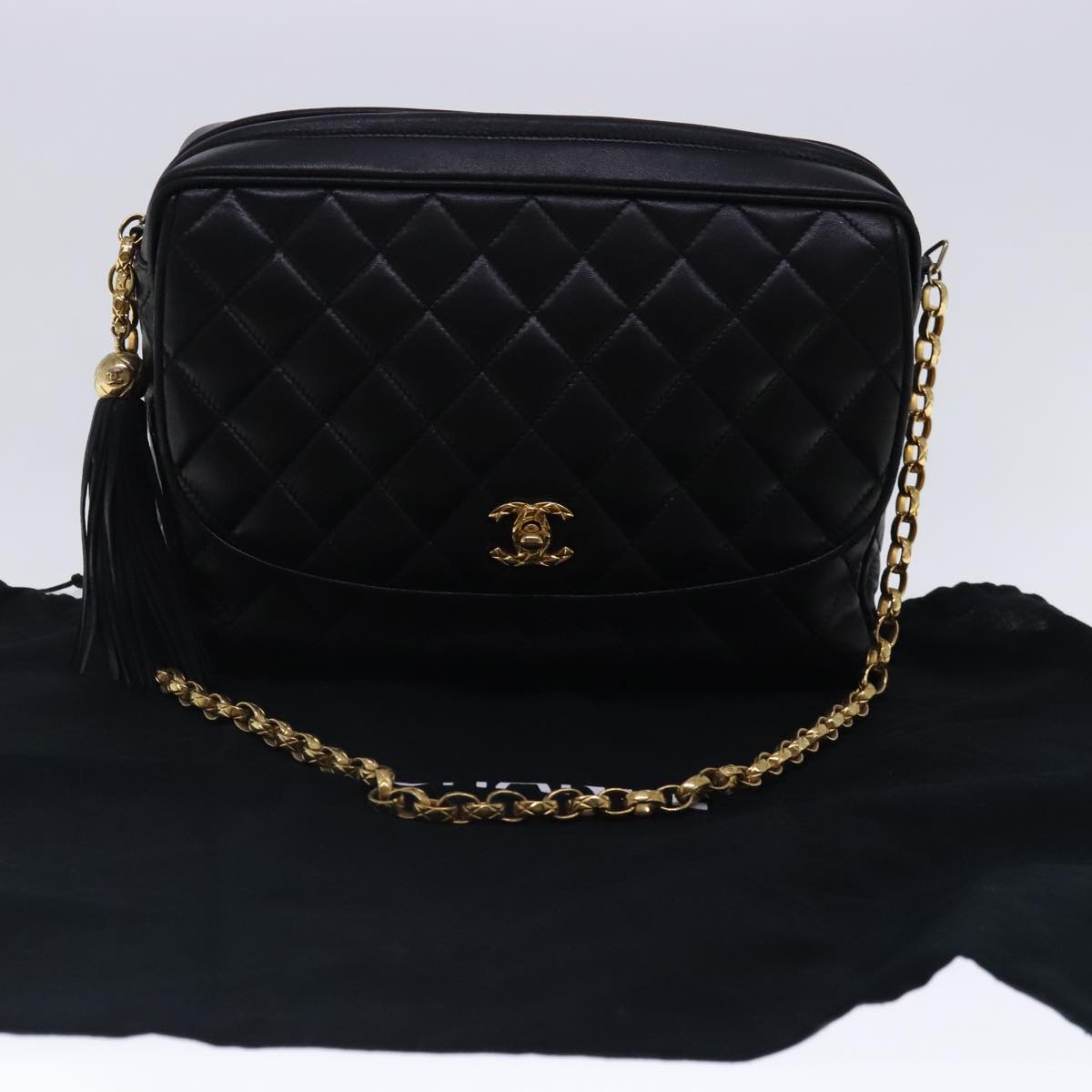 CHANEL Matelasse Chain Shoulder Bag Lamb Skin Black Gold CC Auth kk365A