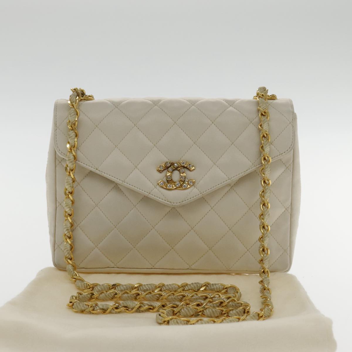 CHANEL Matelasse Chain Shoulder Bag Satin White Gold CC Auth kk366A