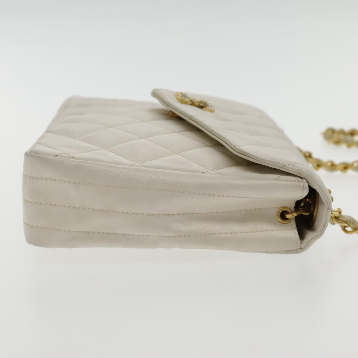 CHANEL Matelasse Chain Shoulder Bag Satin White Gold CC Auth kk366A