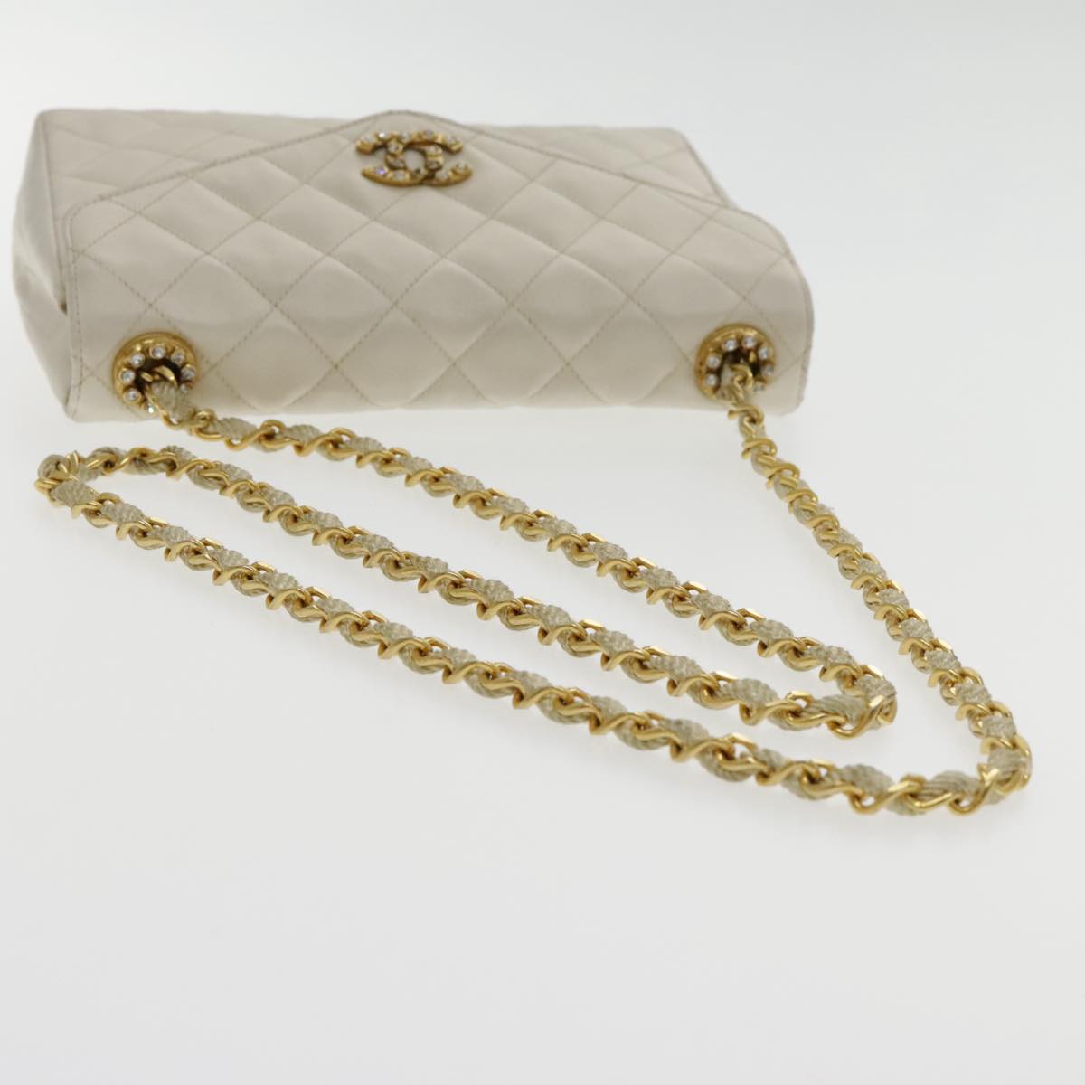 CHANEL Matelasse Chain Shoulder Bag Satin White Gold CC Auth kk366A