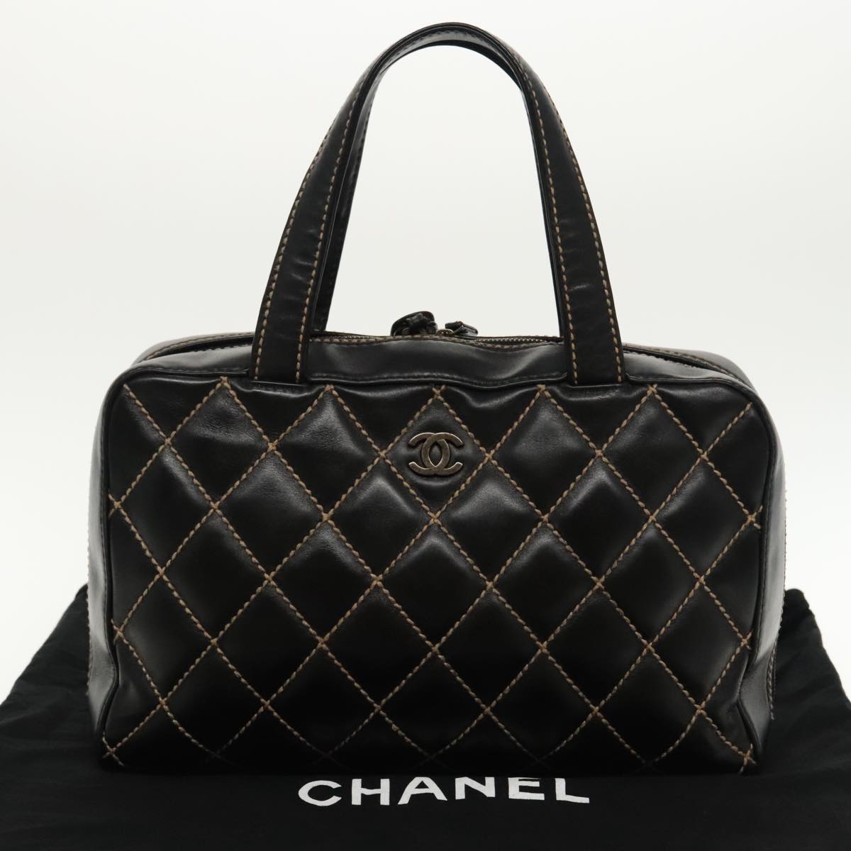 CHANEL Wild Stitch Hand Bag Leather Black CC Auth kk367