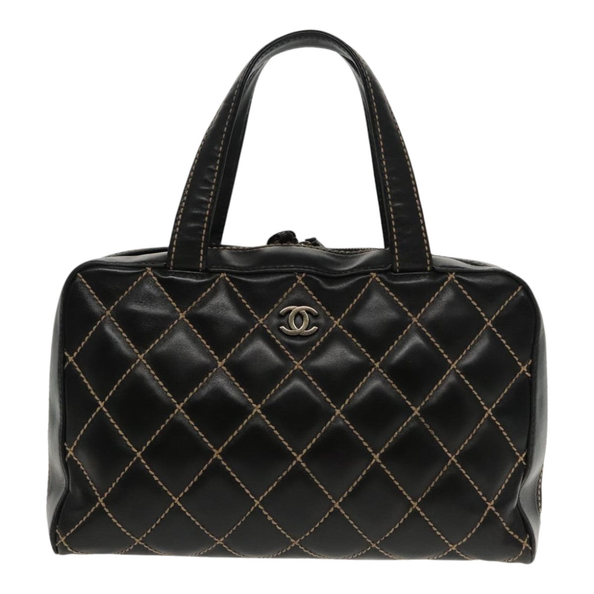 CHANEL Wild Stitch Hand Bag Leather Black CC Auth kk367