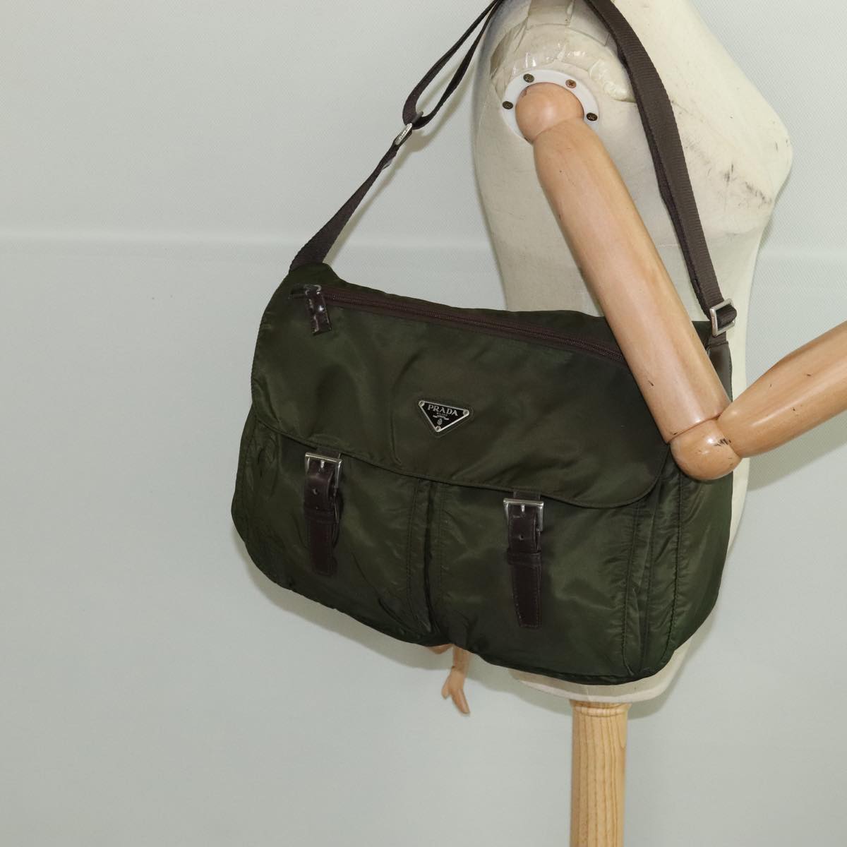 PRADA Shoulder Bag Nylon Khaki Brown Silver Auth kk369