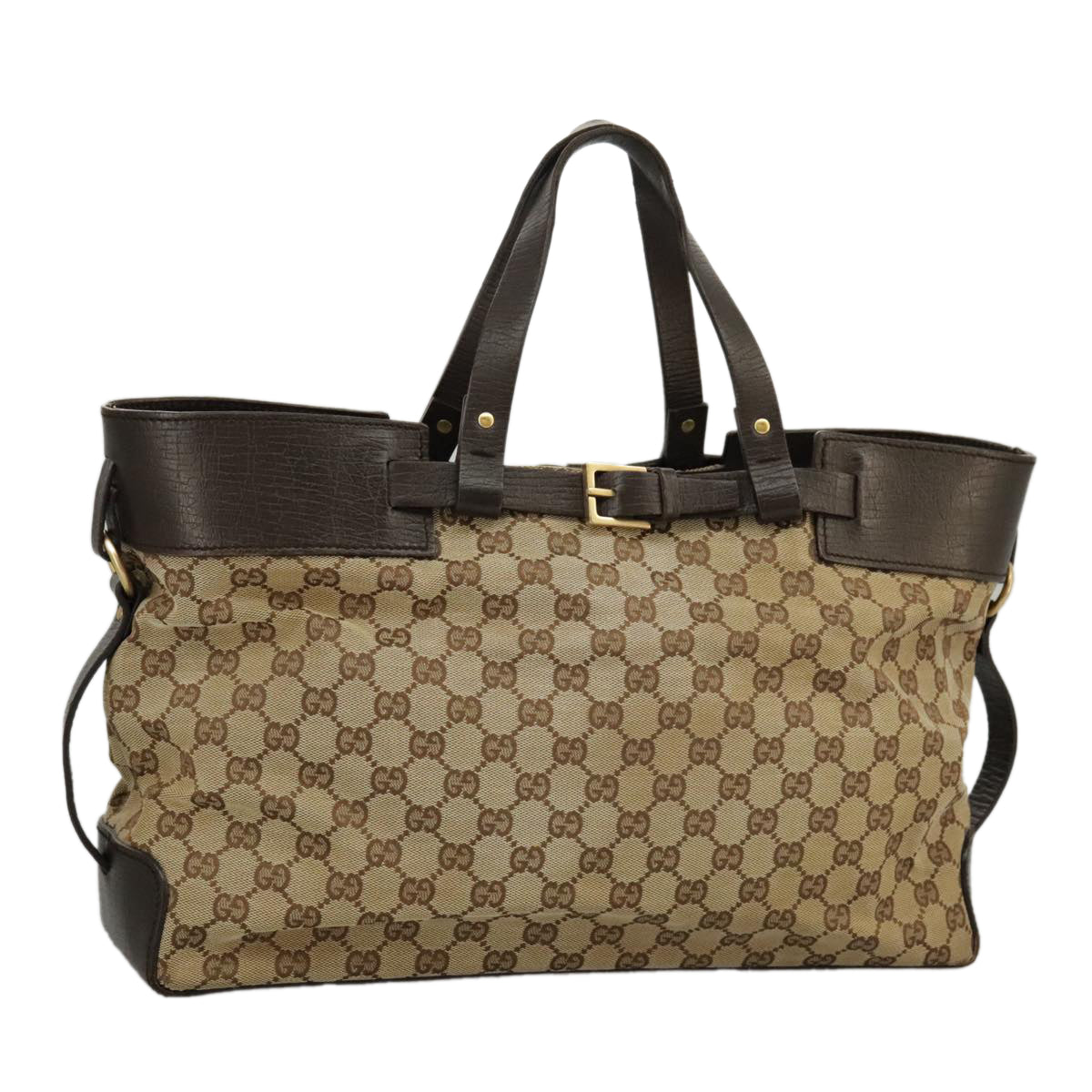 GUCCI GG Canvas Tote Bag Beige Brown Gold 106251 Auth kk371